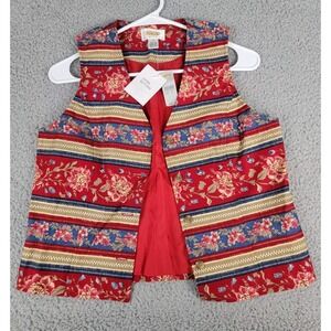 Vintage 90s Talbots Vest Womens Petite P Red Striped Floral Print Boho‎ Cottage